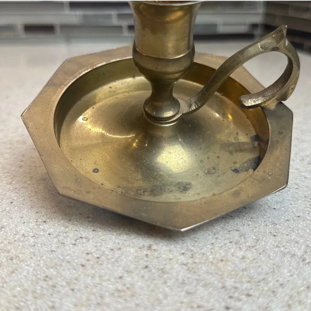 Vintage Archana Handicrafts Brass Chamberstick Candle Holder Octagon Base India